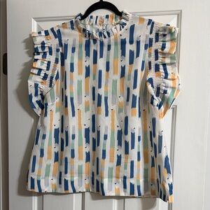 Jodifl Blue Yellow White Colorful Abstract Patterned Ruffle Sleeve Top Large